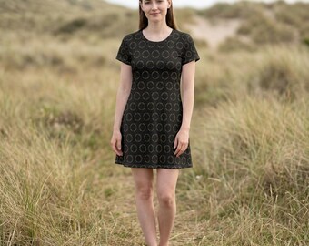 Gold Ring Pattern T-Shirt Dress | Geometric Allover Print, Lightweight Polyester
