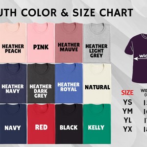 the youth color and size chart for a t - shirt