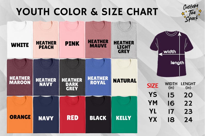 the youth color and size chart for a t - shirt