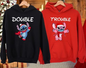 Christmas Stitch & Angel Double Trouble Hoodies, Couple Disney Xmas Shirt, Stitch Christmas Sweatshirt, Disney Couple Hoodies, Disneying Top