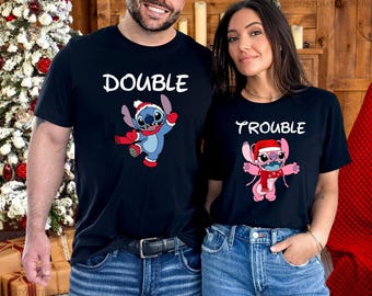 Stitch & Angel Double Trouble Disney Christmas Shirt, Funny Couple Tee, Christmas Disney Family Vacation T-Shirt, Christmas Tree Farm Tee