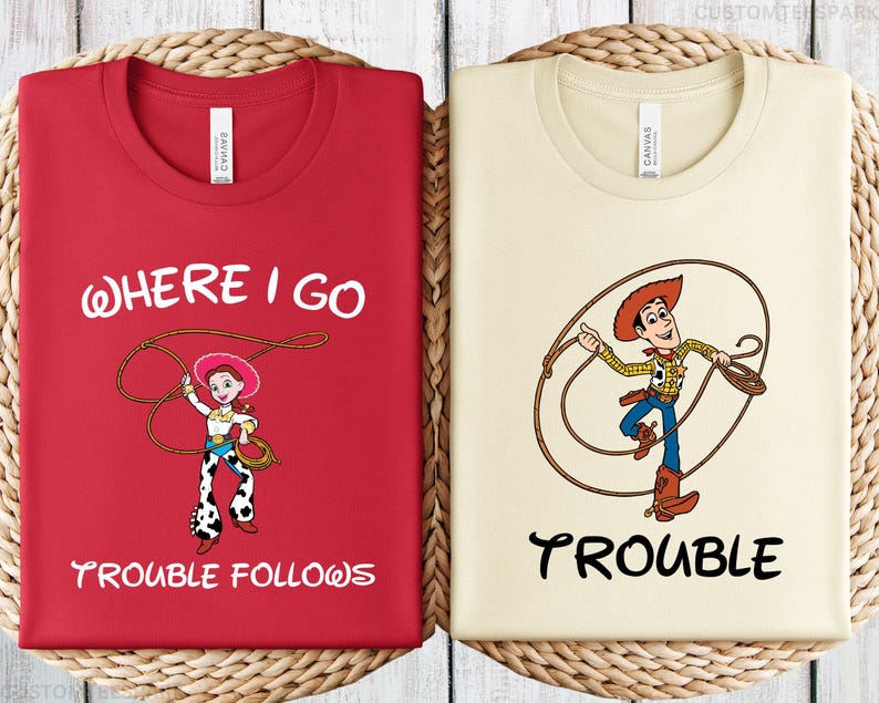 Toy Story Where I Go Trouble Follows Shirt, Woody And Jessie Shirts, Disney Couple Shirts, Funny Matching Tee, Woody Jessie Matching Shirts zdjęcie 3