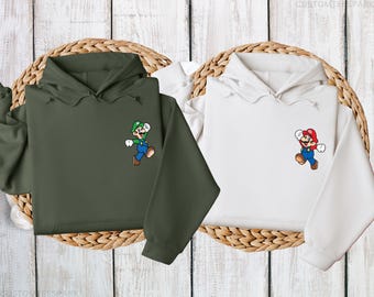 Mario And Luigi Minimal Pocket Sized Matching Hoodies, Funny Gamer Sweatshirt, Supermario Hoodies