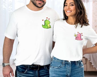 Minimal Kawaii Dinosaur Couple Matching Shirt, Gift For Couple, Pocket Size Tee, Anniversary Gifts