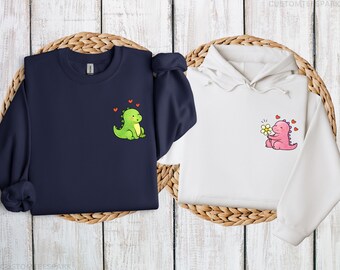 Kawaii Dinosaur Couple Shirts, Minimal Matching Dino Hoodie, Pocket Sized Anniversary Gifts