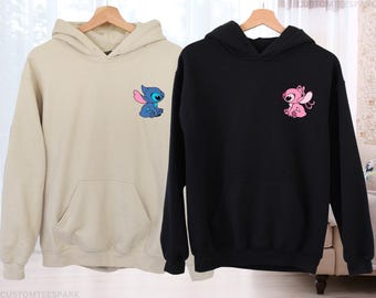 Stitch And Angel Minimal Matching Hoodies, Pocket Sized Shirt, Cute Couple Sweatshirts, Disney Trip Shirt, Couple Shirts, Minimalist Shirt