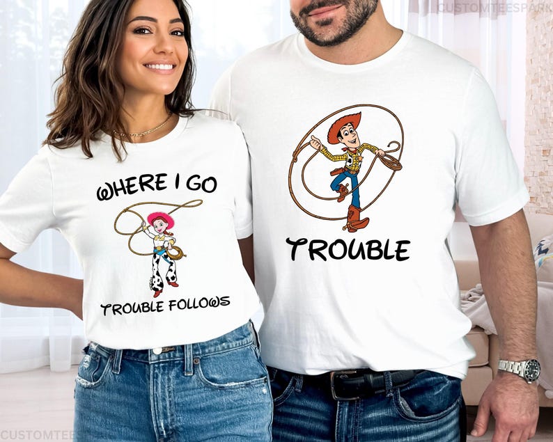 Toy Story Where I Go Trouble Follows Shirt, Woody And Jessie Shirts, Disney Couple Shirts, Funny Matching Tee, Woody Jessie Matching Shirts zdjęcie 1