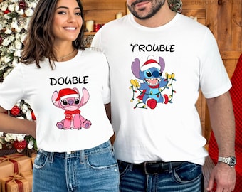 Stitch & Angel Double Trouble Disney Christmas Shirt, Christmas Disney Family Vacation T-Shirt, Funny Christmas Couple Shirts, Disney Xmas
