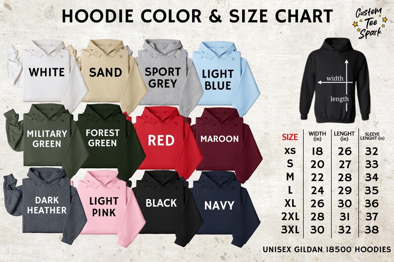 hoodie color and size chart for men and women