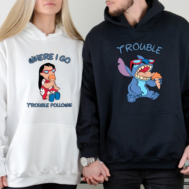Lilo And Stitch Matching Hoodies, Stitch Trouble Sweatshirt, Disney Stitch Hoodie, Sarcastic Saying Shirt, Where I Go Trouble Follows Hoodie image 6