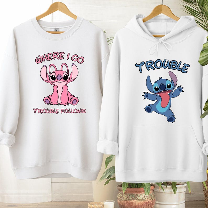 Sudadera con capucha a juego de Stitch y Ángel, sudadera divertida para pareja, camiseta "Donde voy, los problemas siguen", camiseta "Los problemas", camisetas a juego de Disney para pareja imagen 1
