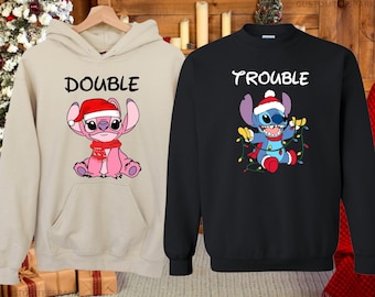 Christmas Stitch & Angel Double Trouble Hoodies, Funny Disney Xmas Shirt, Lilo And Stitch Christmas Sweatshirt, Disney Couple Xmas Hoodies