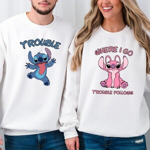 Sudadera con capucha a juego de Stitch y Ángel, sudadera divertida para pareja, camiseta "Donde voy, los problemas siguen", camiseta "Los problemas", camisetas a juego de Disney para pareja imagen 2