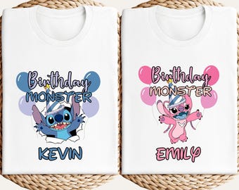Birthday Monster Shirt, Stitch Birthday Tee, Custom Kids Name Shirt, Disney Birthday Shirts, Stitch And Angel Matching Shirt, Siblings Shirt