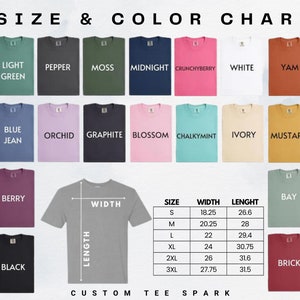 May include: Size and color chart for t-shirts. The chart shows 18 different colors, including light green, pepper, moss, midnight, crunchyberry, white, yam, blue jean, orchid, graphite, blossom, chalkymint, ivory, mustard, berry, black, bay, and brick. The chart also includes a size chart with measurements in inches for width and length.