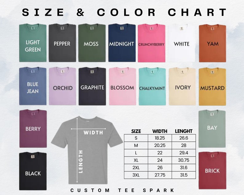 May include: Size and color chart for t-shirts. The chart shows 18 different colors, including light green, pepper, moss, midnight, crunchyberry, white, yam, blue jean, orchid, graphite, blossom, chalkymint, ivory, mustard, berry, black, bay, and brick. The chart also includes a size chart with measurements in inches for width and length.