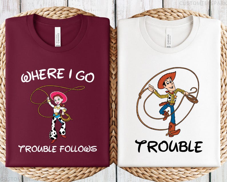 Toy Story Where I Go Trouble Follows Shirt, Woody And Jessie Shirts, Disney Couple Shirts, Funny Matching Tee, Woody Jessie Matching Shirts zdjęcie 4