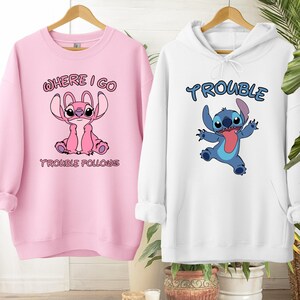 Sudadera con capucha a juego de Stitch y Ángel, sudadera divertida para pareja, camiseta "Donde voy, los problemas siguen", camiseta "Los problemas", camisetas a juego de Disney para pareja imagen 3