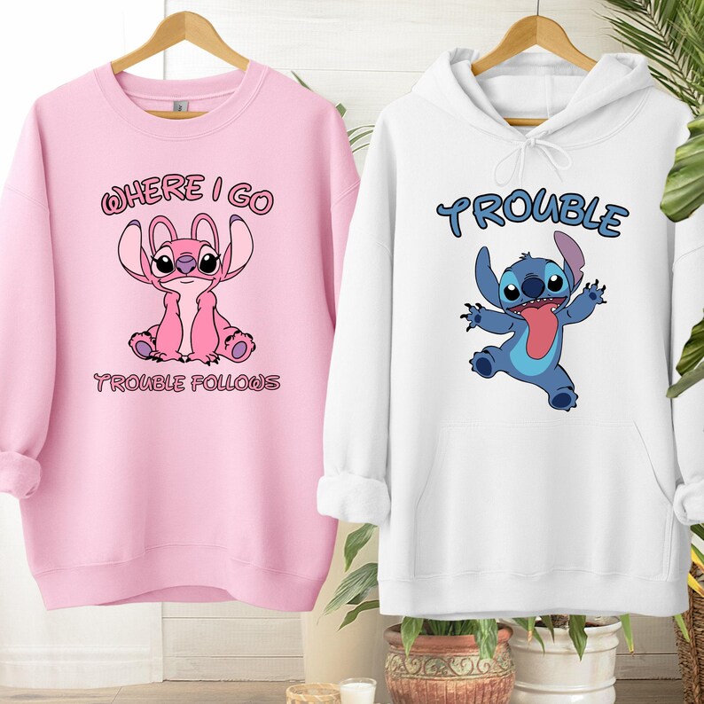 Sudadera con capucha a juego de Stitch y Ángel, sudadera divertida para pareja, camiseta "Donde voy, los problemas siguen", camiseta "Los problemas", camisetas a juego de Disney para pareja imagen 3
