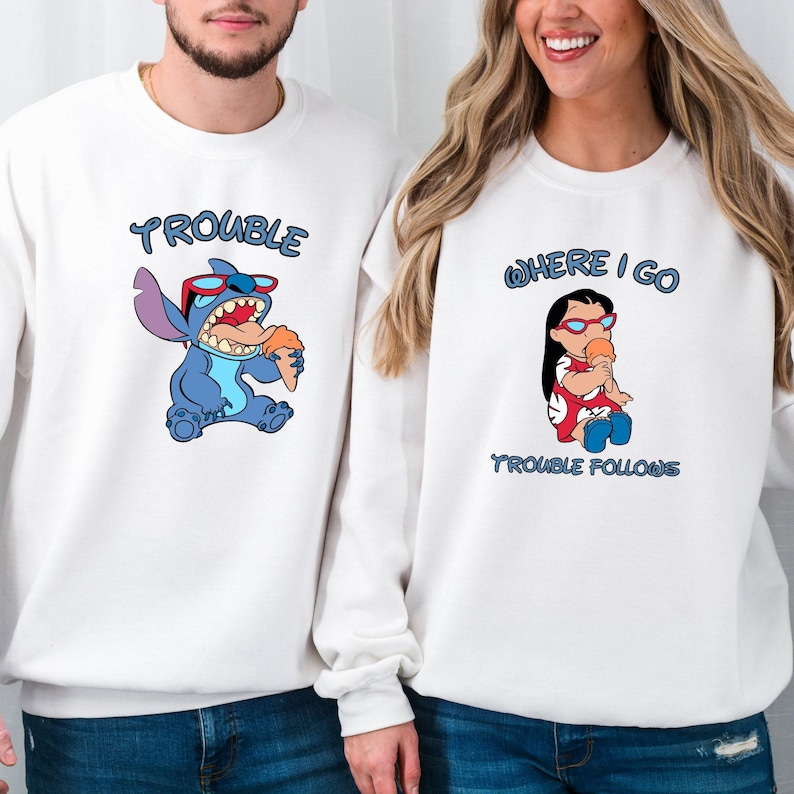 Lilo And Stitch Matching Hoodies, Stitch Trouble Sweatshirt, Disney Stitch Hoodie, Sarcastic Saying Shirt, Where I Go Trouble Follows Hoodie image 1