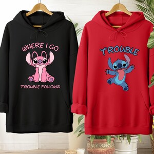 Sudadera con capucha a juego de Stitch y Ángel, sudadera divertida para pareja, camiseta "Donde voy, los problemas siguen", camiseta "Los problemas", camisetas a juego de Disney para pareja imagen 6