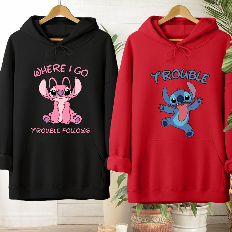 Sudadera con capucha a juego de Stitch y Ángel, sudadera divertida para pareja, camiseta "Donde voy, los problemas siguen", camiseta "Los problemas", camisetas a juego de Disney para pareja imagen 6