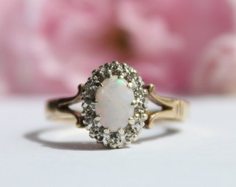 Vintage 9ct Yellow Gold Opal and Diamond Cluster Ring