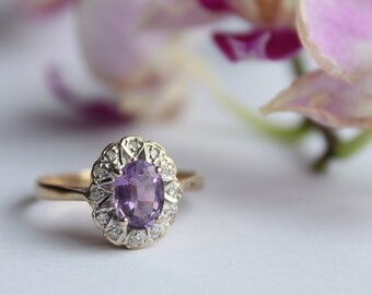 Vintage 9ct Yellow Gold Amethyst and Diamond Cluster Ring