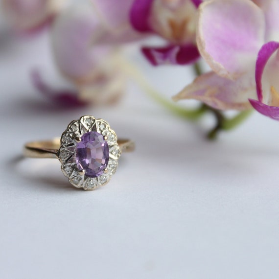 Vintage 9ct Yellow Gold Amethyst and Diamond Clus… - image 1