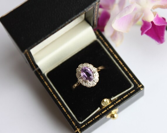 Vintage 9ct Yellow Gold Amethyst and Diamond Clus… - image 4