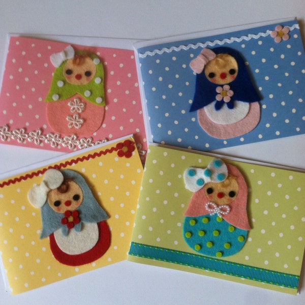 Jolies cartes de correspondance vierges toutes occasions matriochka faites main, poupées, pois