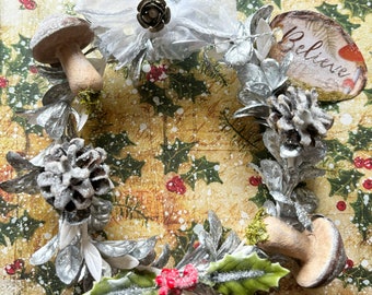 Beautiful handcrafted Austrian Boxwood Wreath adorned with vintage items Glittery