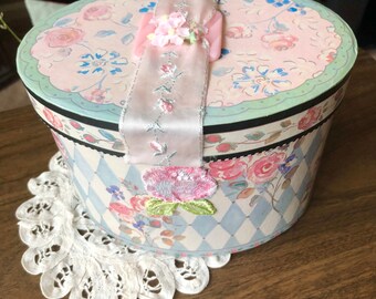 Shabby Chic  Rose and Light Diamond and Flowers Pink and Mint Green Recycled Notion Box