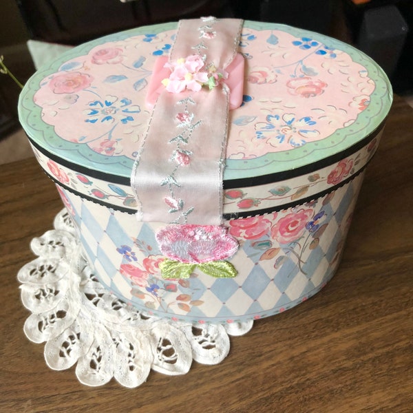 Shabby Chic  Rose and Light Diamond and Flowers Pink and Mint Green Recycled Notion Box