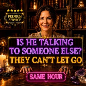 Könnte beinhalten: Eine Frau lächelt vor einem Bücherregal, mit Kerzen und Kristallen auf einem Tisch. Auf einem leuchtenden Schild steht "IS HE TALKING TO SOMEONE ELSE? THEY CAN'T LET GO" und "SAME HOUR". Ein "PREMIUM SERVICE"-Abzeichen befindet sich oben links.