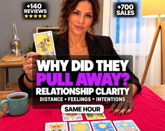 May include: A tarot card reading session featuring a spread of illustrated cards on a red cloth. The text reads: WHY DID THEY PULL AWAY? RELATIONSHIP CLARITY, DISTANCE, FEELINGS, INTENTIONS, SAME HOUR. A teal mug sits nearby on the table.