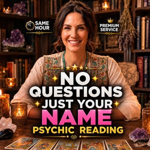 Op de afbeelding: Een advertentie voor een paranormale lezing met een persoon achter een houten tafel met brandende kaarsen, paarse kristallen en tarotkaarten. De tekst luidt: SAME HOUR, PREMIUM SERVICE, NO QUESTIONS JUST YOUR NAME, PSYCHIC READING, SOLSTICE TAROT.