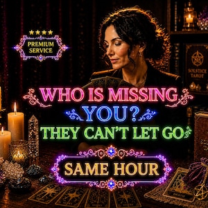 May include: A dark scene featuring a person holding tarot cards, surrounded by lit candles, crystals, and a book titled Solstice Tarot. Neon text reads: PREMIUM SERVICE, WHO IS MISSING YOU? THEY CAN'T LET GO, and SAME HOUR, set against a mystical background.
