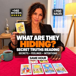 May include: A tarot card reading service featuring a person holding a card, with several tarot cards laid out on a red surface. Text overlays include "WHAT ARE THEY HIDING? SECRET TRUTHS READING SECRETS • FEELINGS • INTENTIONS" and "SAME HOUR".
