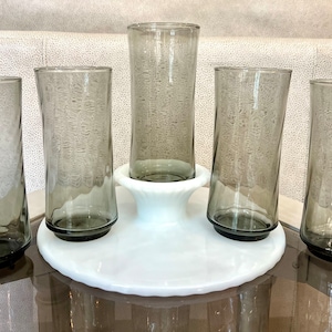 Vintage Libbey 5 Kitchen Drinking Glasses Tumblers 16 oz Smoke Gray Barware MCM Swirl