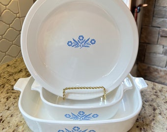 Vintage Corning ware pyrex azul aciano cazuela plato de pastel 3 piezas conjunto