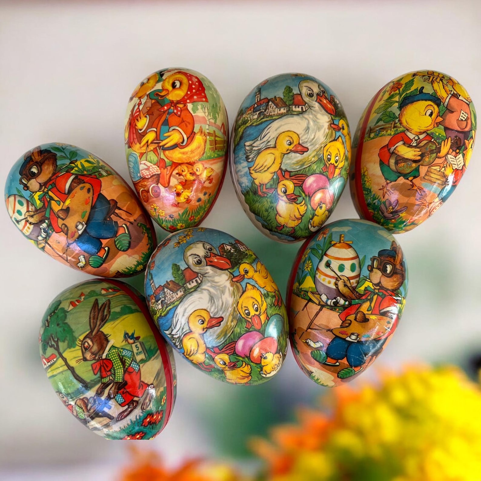 Vintage German Paper mache Easter egg candy holders with bunny and chick designs | Gift holder | Spring decor |