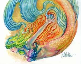 May include: A watercolor painting of a mermaid with a blue tail, yellow hair, and a pearl necklace. She is holding a small blue shell in her hand. The background is a light yellow color.