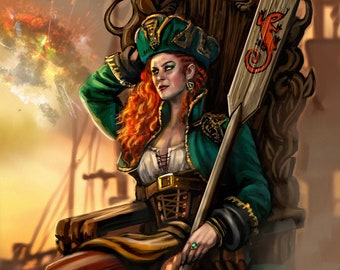 Pirate King Queen of Oars, Wands Tarot Card Art Print Fantasy Wall Art Decor  11 x 17 Witch Pagan