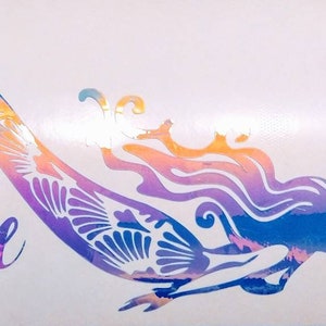 Levensfantasie zeemeermin sticker voor auto, boot, laptop, wanddecoratie, voorruit holografisch, tropisch, oceaan strand grafisch, blauwgouden holo