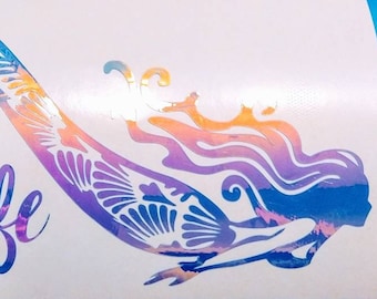 Mermaid life fantasy decal for car, boat, laptop, wall decor,  windshield  holographic, tropical, ocean beach graphic, blue gold holo