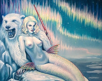 Arctic  Mermaid Art,  Fantasy Art Print, 16 x 20  , Vintage Mermaid, Zirconia, Pinup, Nude , Artwork , Decor, wall art, wall decor