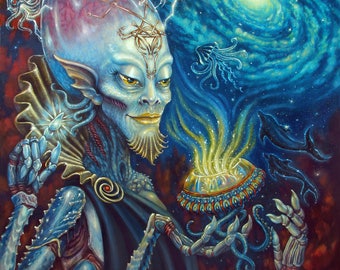 Fantasy Art, ALIEN , King of CUPS, Tarot, Painting  outerspace sci-fi fantasy art Print 16 x 20