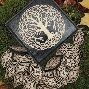 pagan wood boxed  gift set , rune set, 24 elder futhark , black box