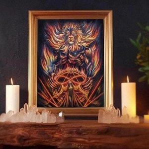 Fantasy Art Print,  Cat Art Print, leo, lion, strength, tarot , mage sorceress, witch, painting, Red Orange Decor wall art, wall decor